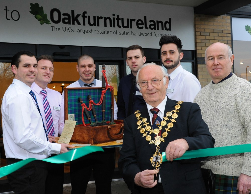 Opening of Oakfurnitureland on the Salmon Retail Park, Holmer Road, Hereford. 23-01-2016. from left: Marc Metcalfe, Manager Anthony Neary, Jamie Williams, Vince Norris, Mayor of Hereford Councillor Charles Nicholls, Alexander Price, Gavin Pettigrew (Herefordshire Burns Club).
